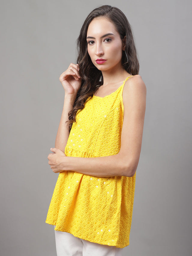 Women's Yellow Chikankari Sequin Work Empire Top