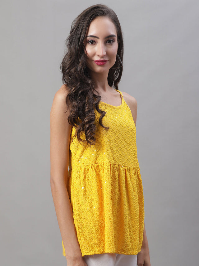 Women's Yellow Chikankari Sequin Work Empire Top