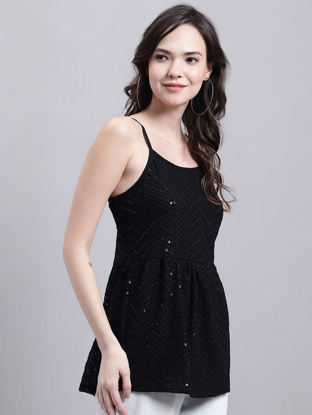 Women's Black Chikankari Sequin Work Empire Top