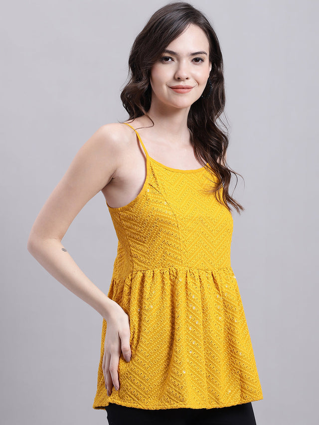 Women's Mustard Chikankari Sequin Work Empire Top