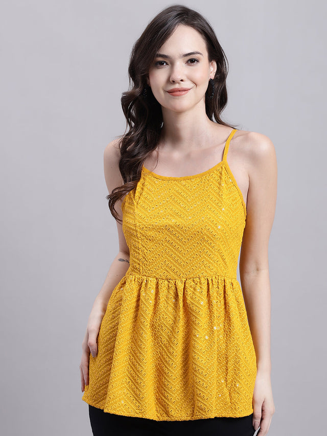 Women's Mustard Chikankari Sequin Work Empire Top