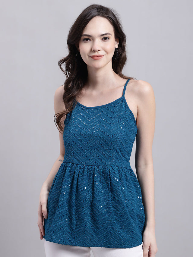 Women's Peacock Blue Chikankari Sequin Work Empire Top