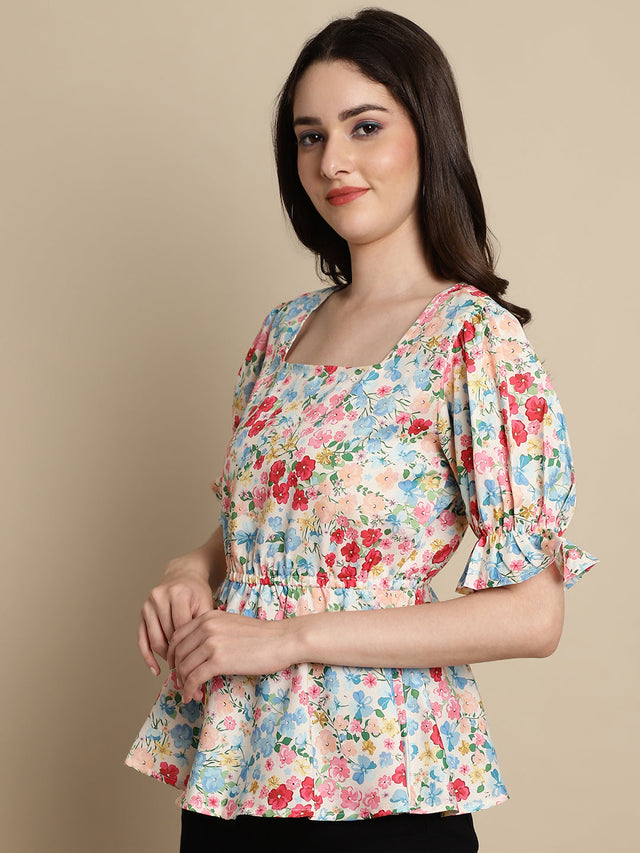 Women's Multi-Color Floral Print Puff Sleeves Top