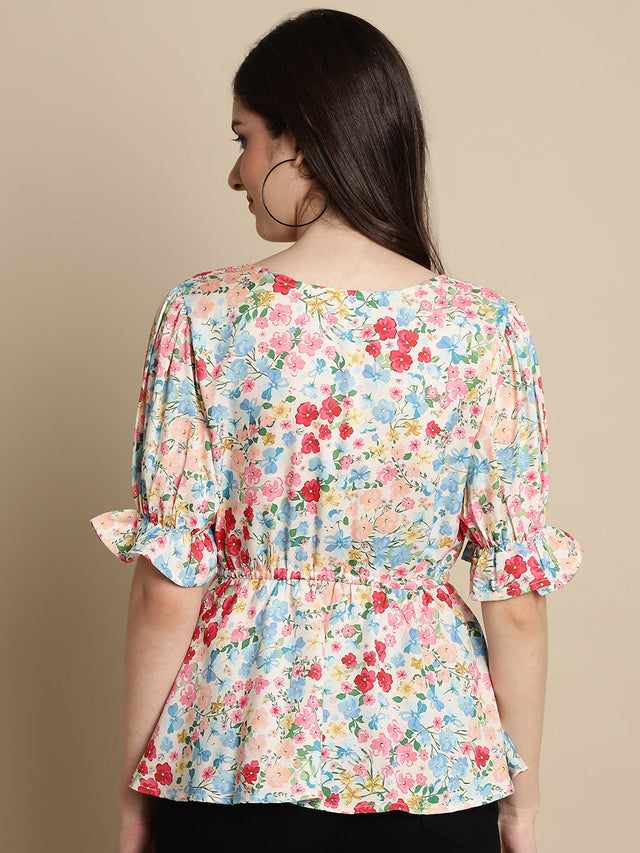 Women's Multi-Color Floral Print Puff Sleeves Top