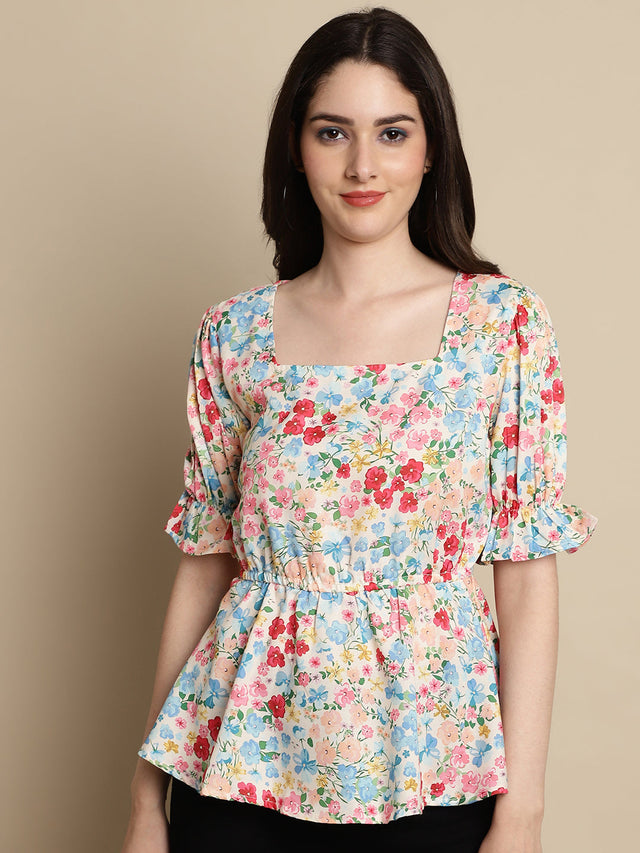 Women's Multi-Color Floral Print Puff Sleeves Top