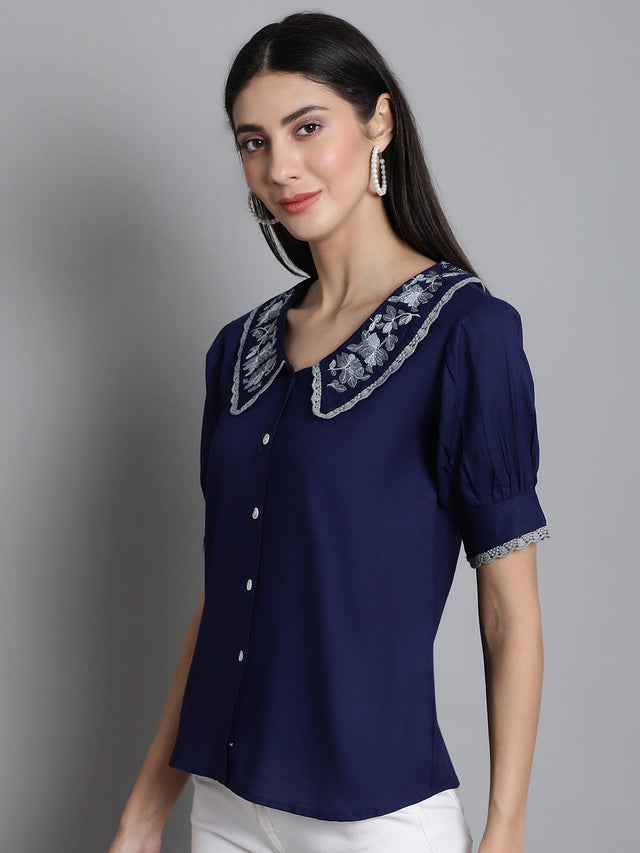 Women's Navy Blue Embroidered Peter Pan Collar Top