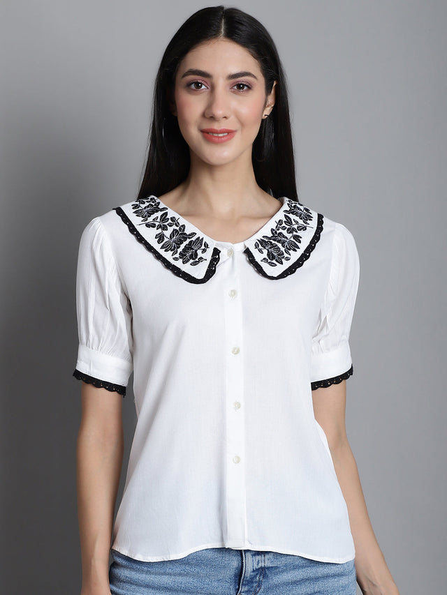 Women's White Embroidered Peter Pan Collar Top