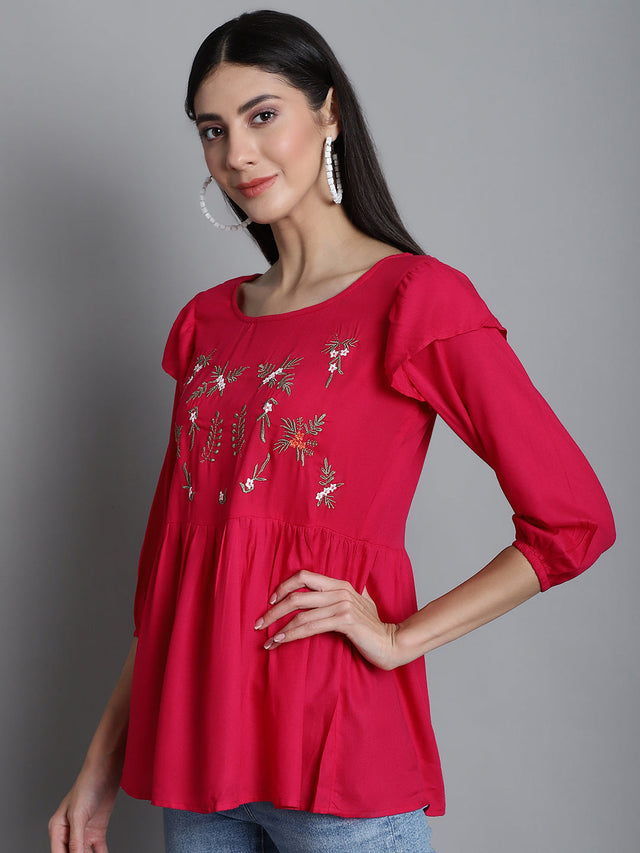 Women's Red Embroidered Stylish Top