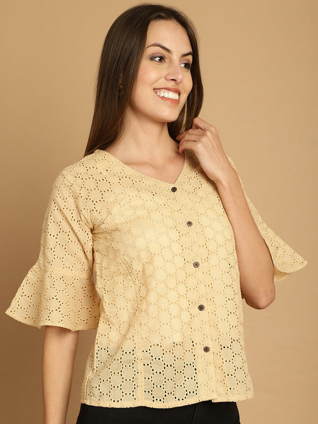 Beige Embroidered Cotton V-Neck Top For Women