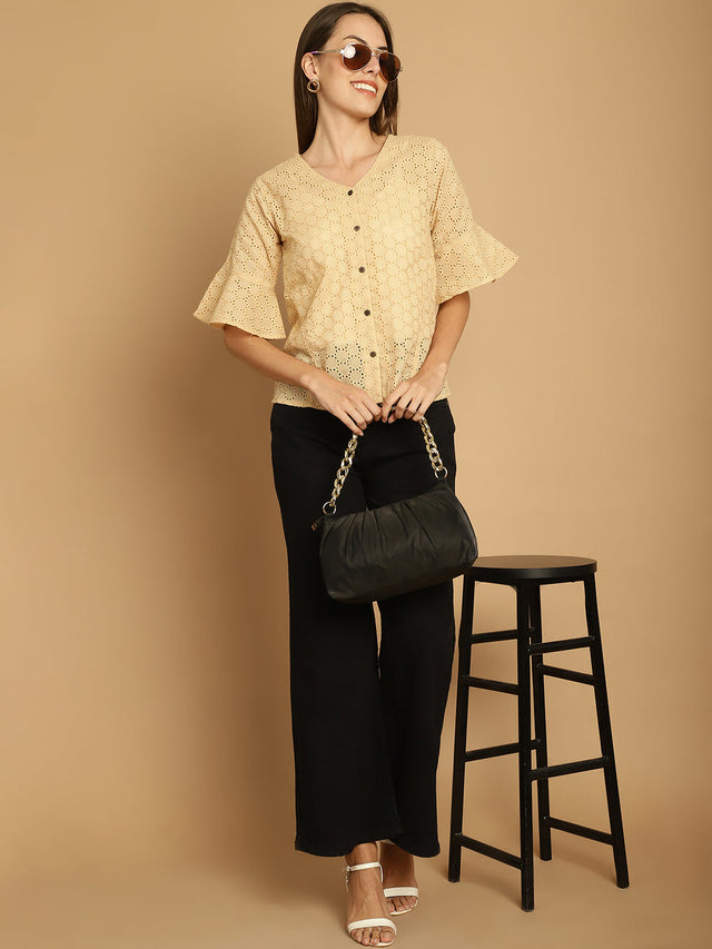 Beige Embroidered Cotton V-Neck Top For Women