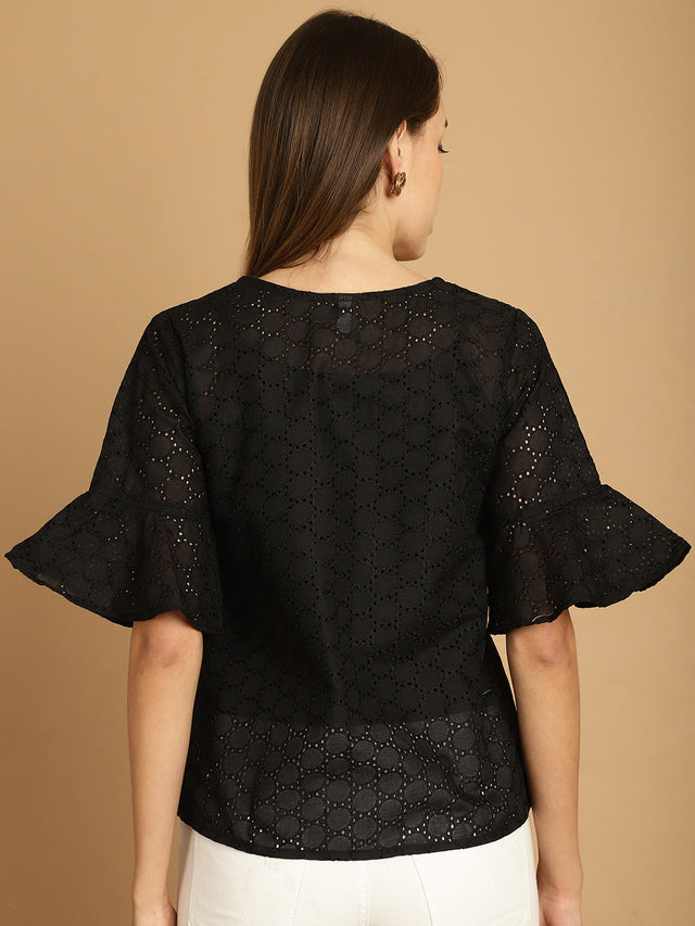 Black Embroidered Cotton V-Neck Top For Women