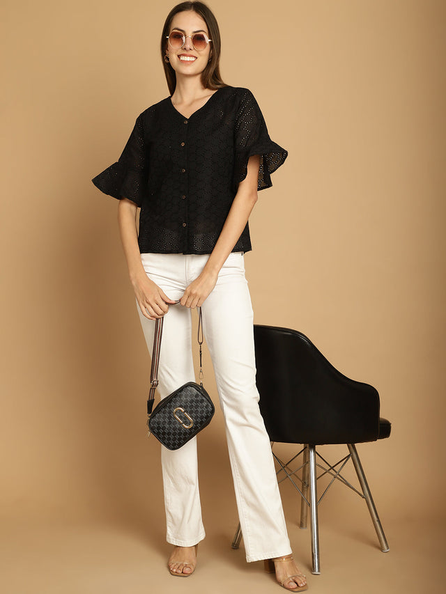 Black Embroidered Cotton V-Neck Top For Women