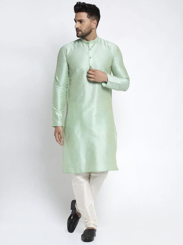 Men's green Dupion Solid Kurta Set - L