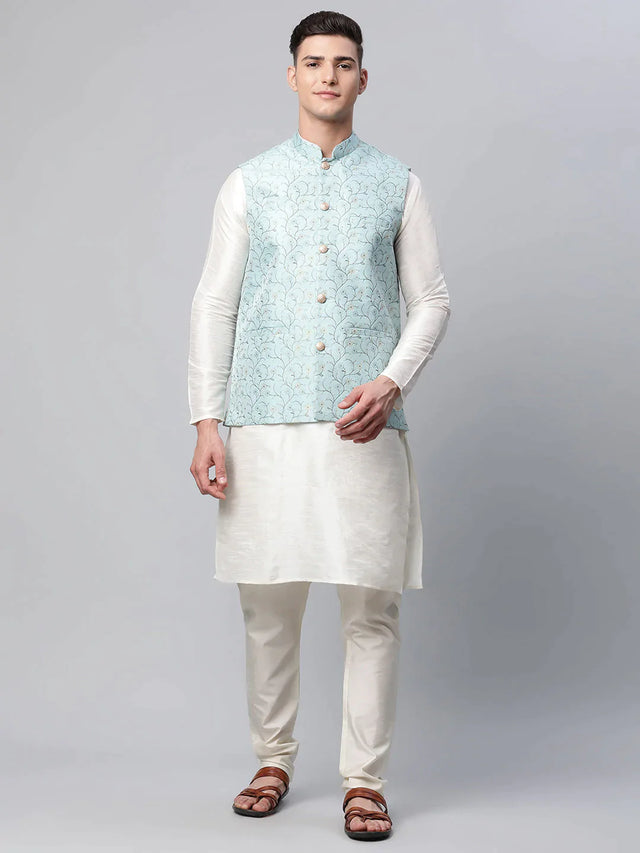 Men's Blue Jacquard Silk Woven Design Kurta Set With Jacket