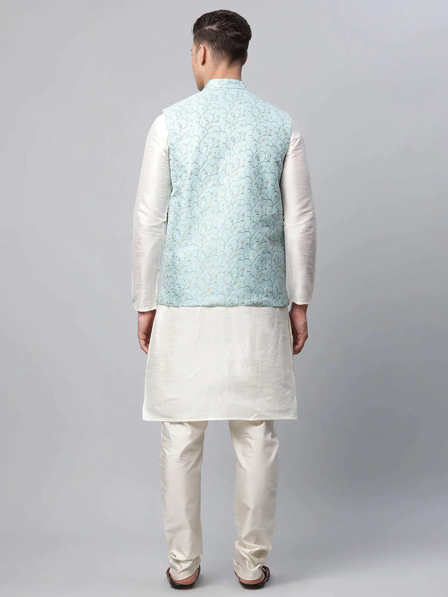 Men's Blue Jacquard Silk Woven Design Kurta Set With Jacket