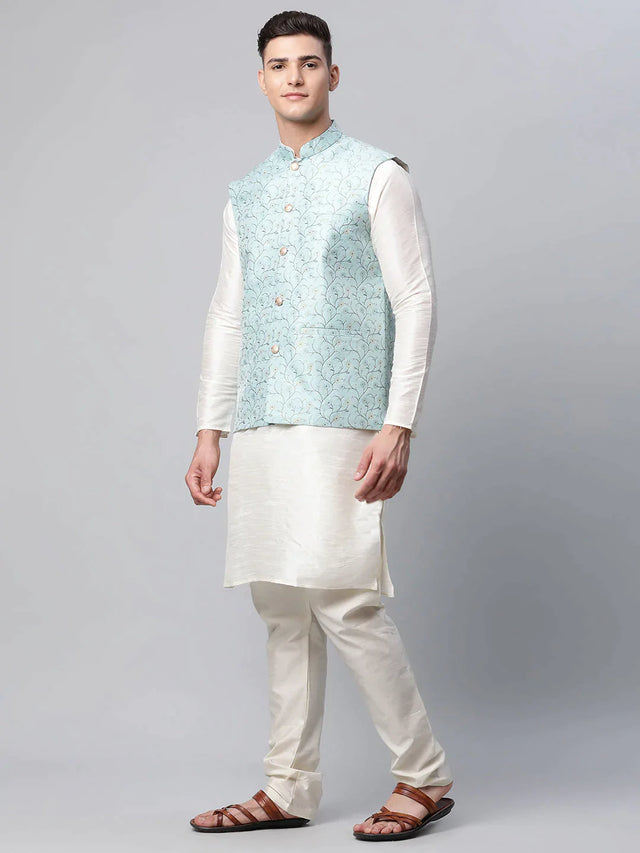 Men's Blue Jacquard Silk Woven Design Kurta Set With Jacket