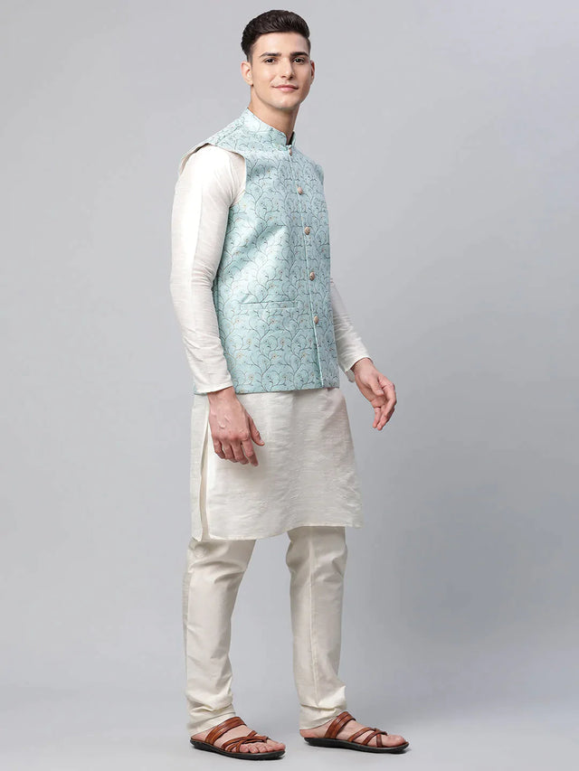 Men's Blue Jacquard Silk Woven Design Kurta Set With Jacket