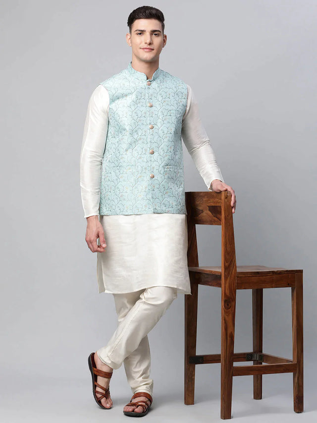 Men's Blue Jacquard Silk Woven Design Kurta Set With Jacket