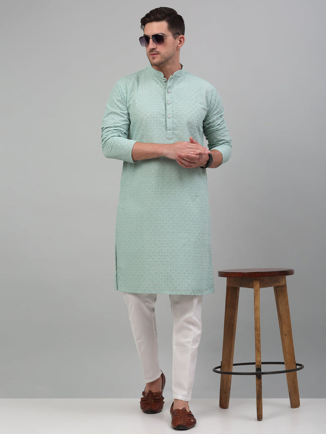 Men's Green Chikankari Embroidered And Sequin Kurta With Pajama