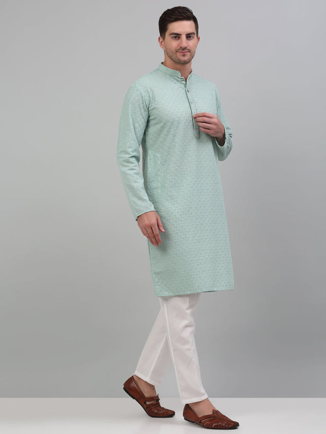 Men's Green Chikankari Embroidered And Sequin Kurta With Pajama