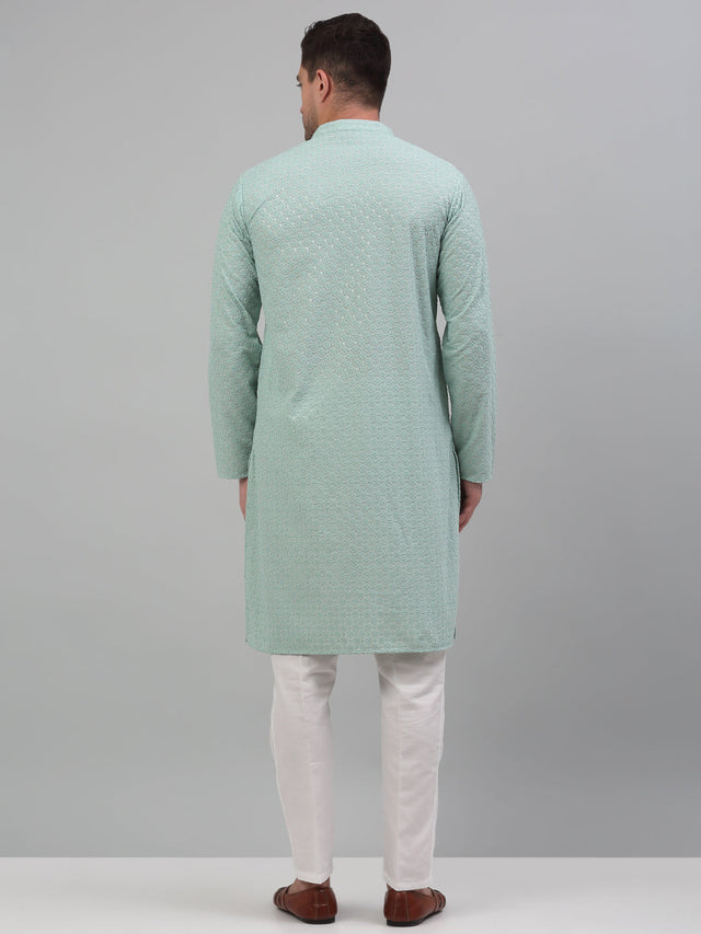 Men's Green Chikankari Embroidered And Sequin Kurta With Pajama