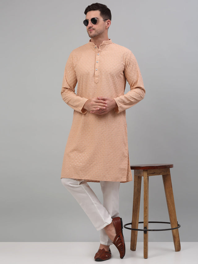 Men's Peach Chikankari Embroidered And Sequin Kurta With Pajama