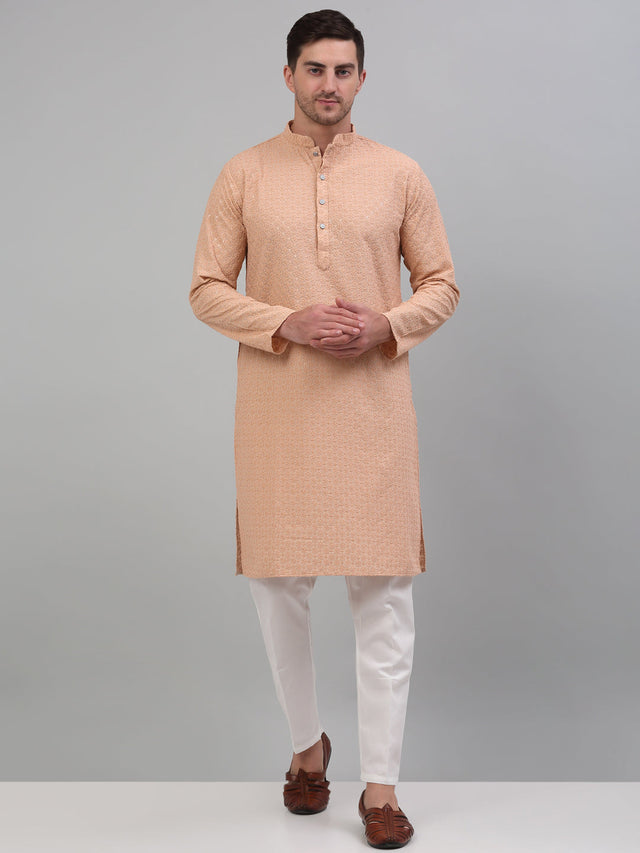 Men's Peach Chikankari Embroidered And Sequin Kurta With Pajama