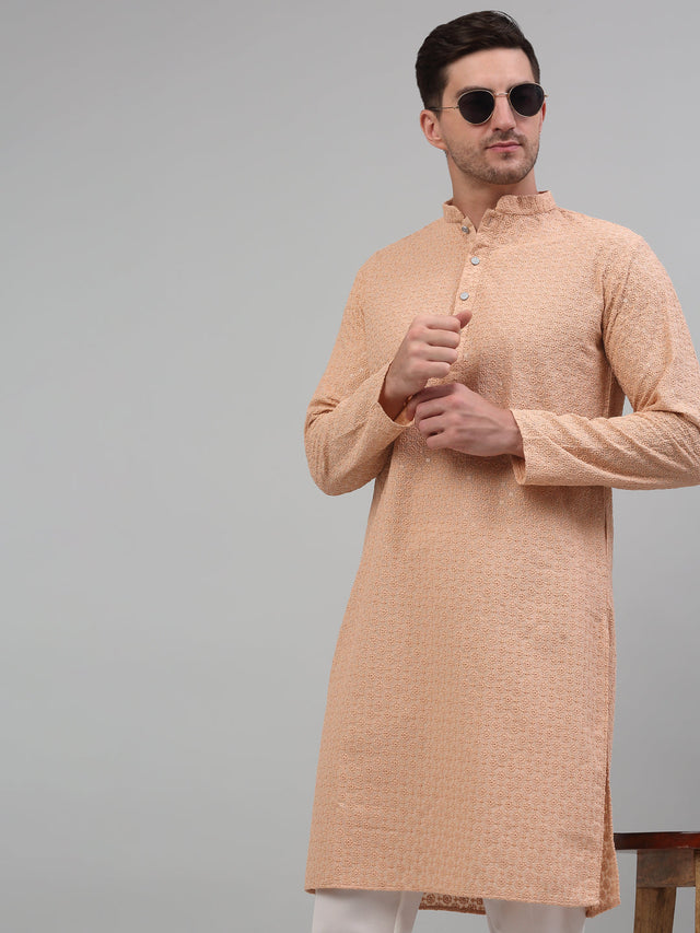 Men's Peach Chikankari Embroidered And Sequin Kurta With Pajama