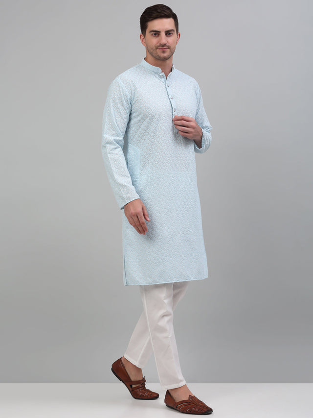 Men's Sky Blue Chikankari Embroidered And Sequin Kurta With Pajama
