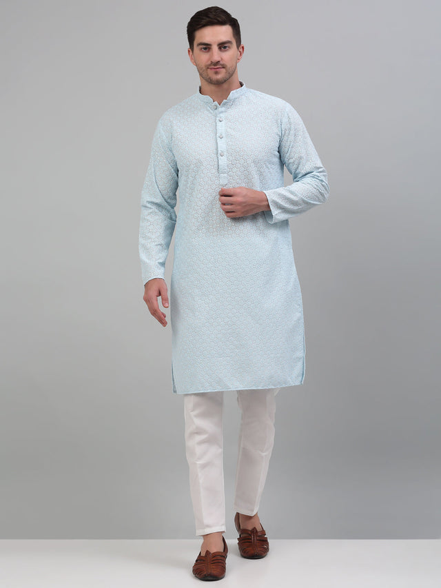 Men's Sky Blue Chikankari Embroidered And Sequin Kurta With Pajama