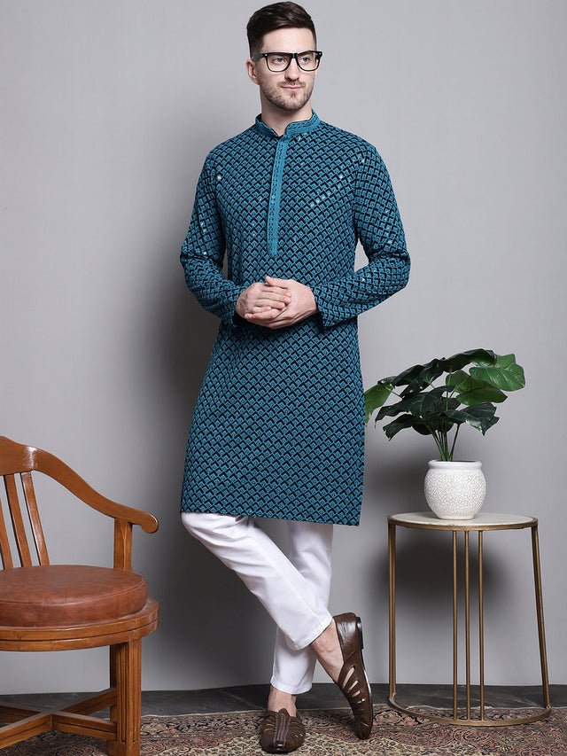 Sequin Embroidered Pure Cotton Kurta With Pajamas (JOKP_P_5004Blue)