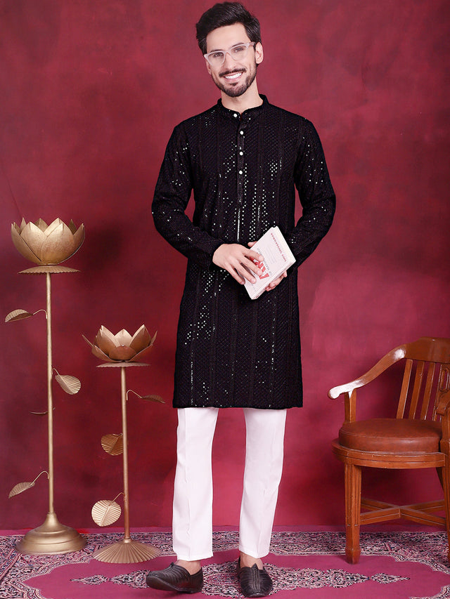 Men's Sequins Chikankari Embroidered Kurta With Pajama