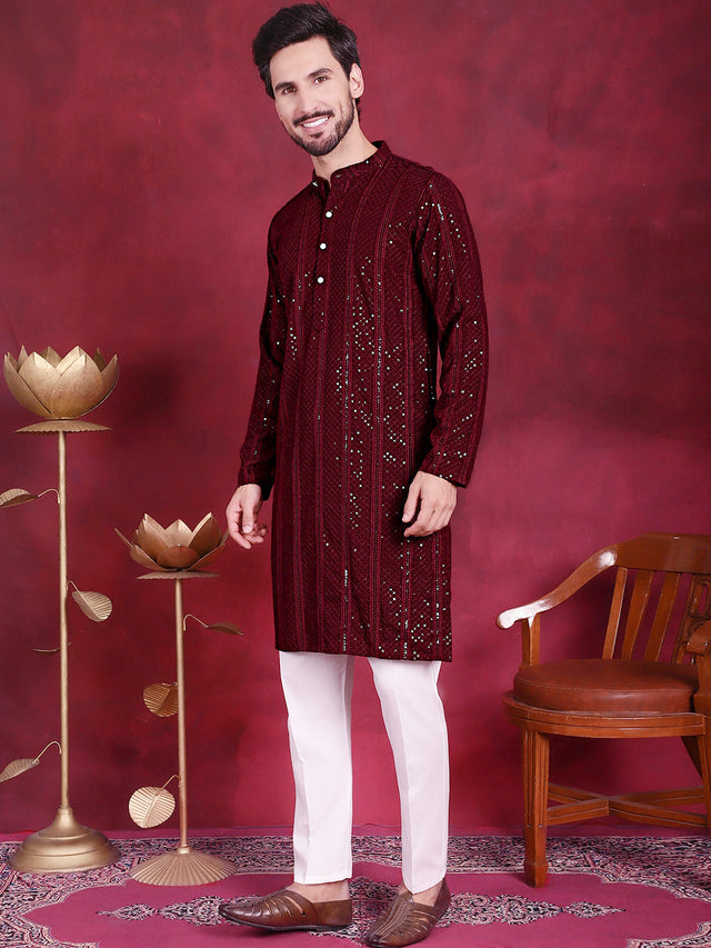 Men's Sequins Chikankari Embroidered Kurta With Pajama