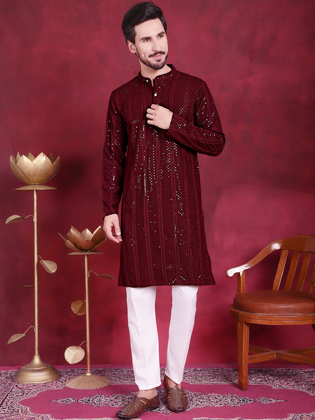 Men's Sequins Chikankari Embroidered Kurta With Pajama