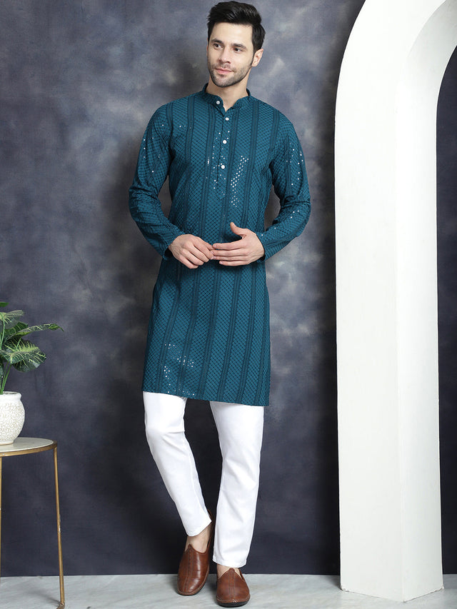 Men's Sequins Chikankari Embroidered Kurta With Pajama