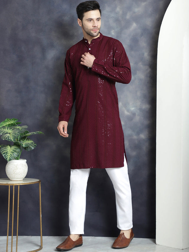 Men's Sequins Chikankari Embroidered Kurta With Pajama