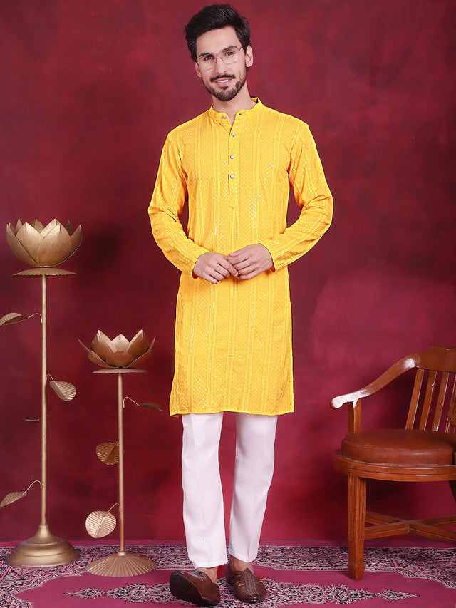Men's Sequins Chikankari Embroidered Kurta With Pajama
