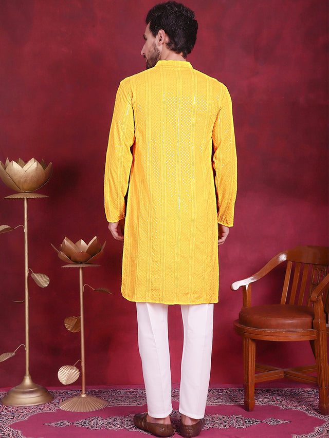 Men's Sequins Chikankari Embroidered Kurta With Pajama