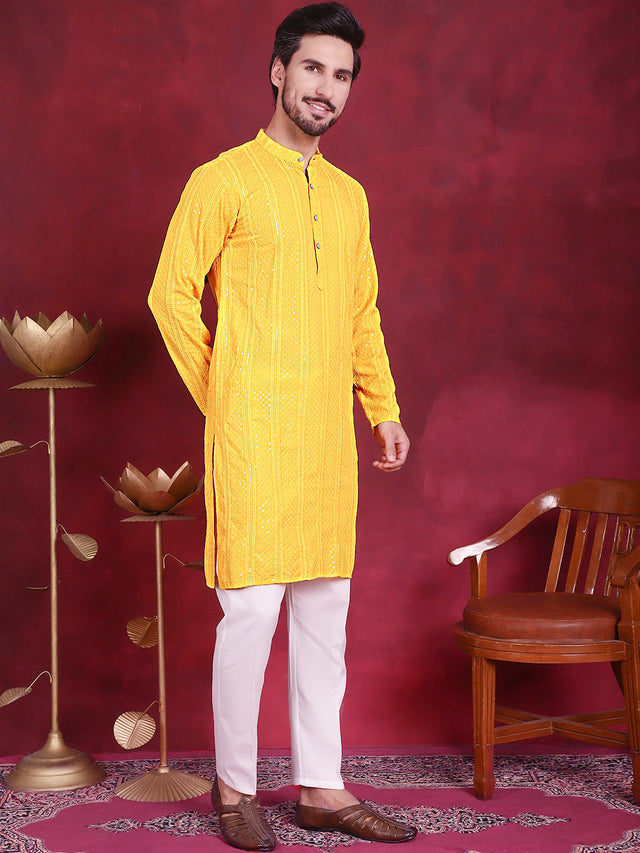 Men's Sequins Chikankari Embroidered Kurta With Pajama