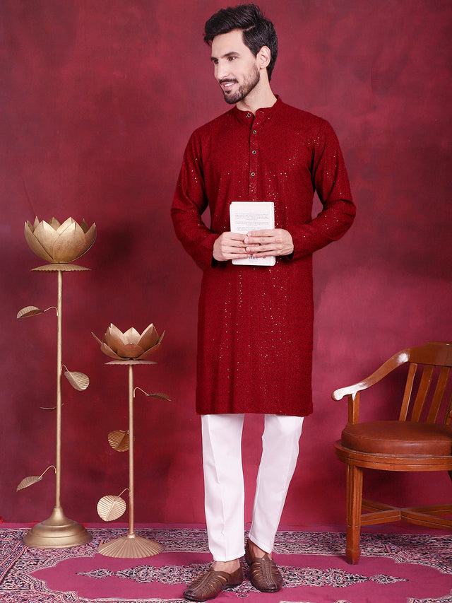 Sequins Chikankari Kurta With Pajama (JOKP_5018Maroon)