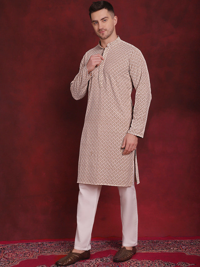 Men's Sequin Embroidered Pure Cotton Kurta With Pajamas (JOKP_P_5028Beige)