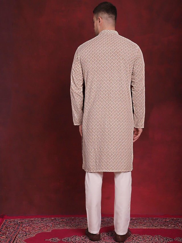 Men's Sequin Embroidered Pure Cotton Kurta With Pajamas (JOKP_P_5028Beige)