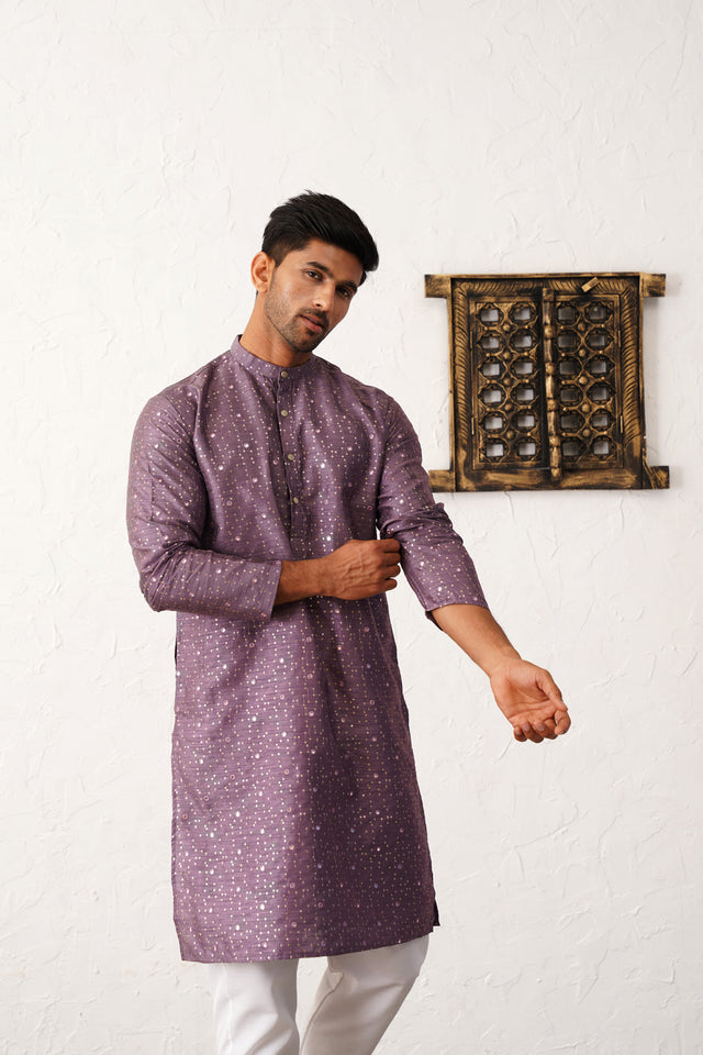 Purple Silk Printed Embroidered Kurta Pajama Set - XL