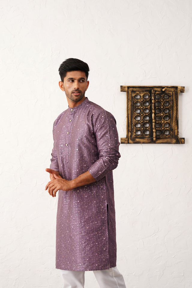 Purple Silk Printed Embroidered Kurta Pajama Set - XL