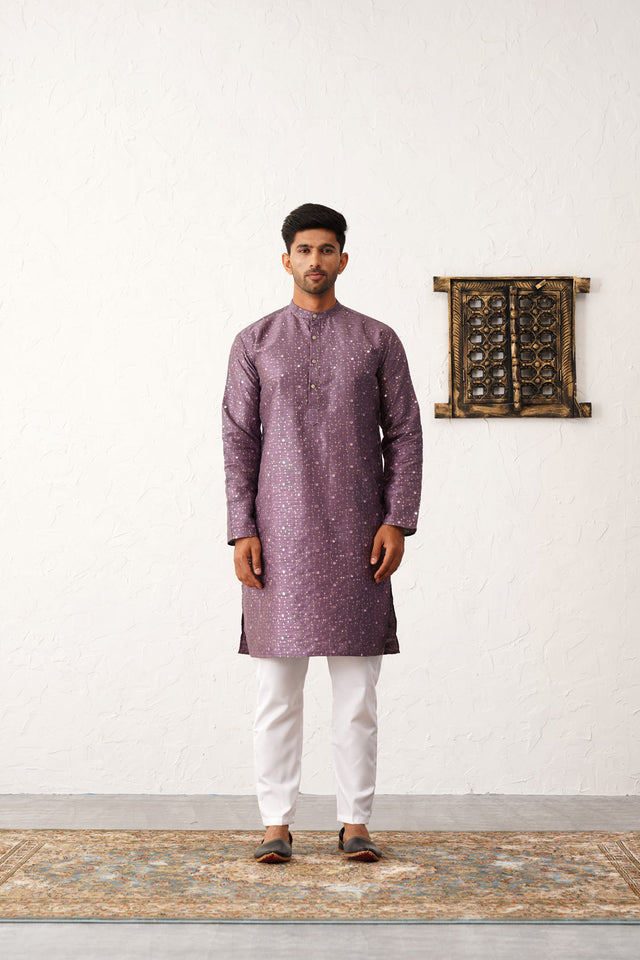 Purple Silk Printed Embroidered Kurta Pajama Set - XL
