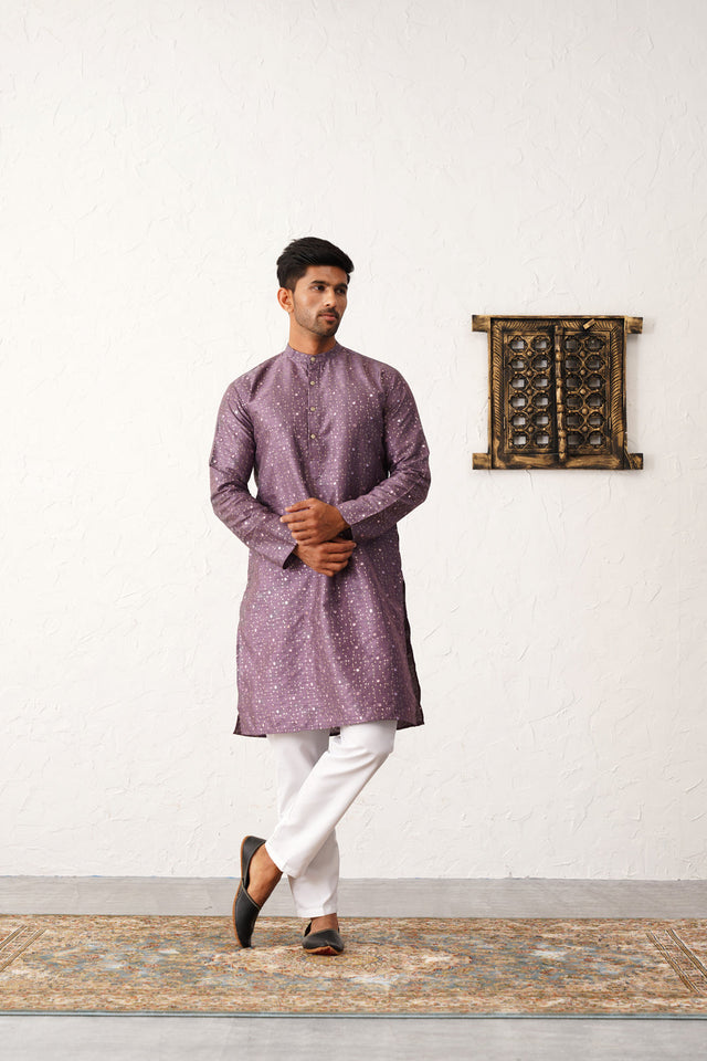 Purple Silk Printed Embroidered Kurta Pajama Set - XL