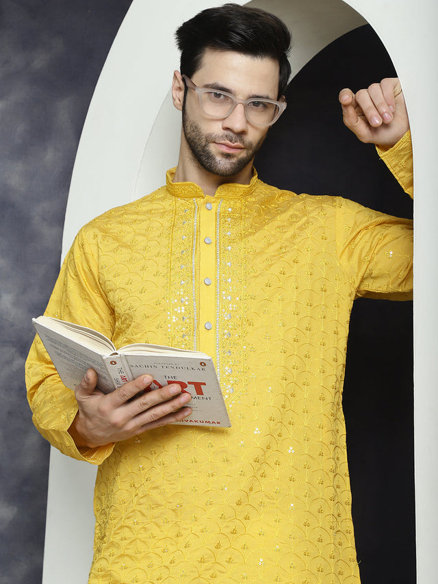 Men's Sequins Embroidered Kurta With Pajama (JOKP_P_5044Mustard)