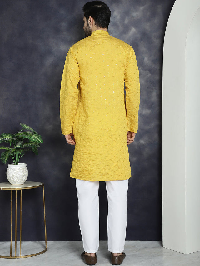 Men's Sequins Embroidered Kurta With Pajama (JOKP_P_5044Mustard)