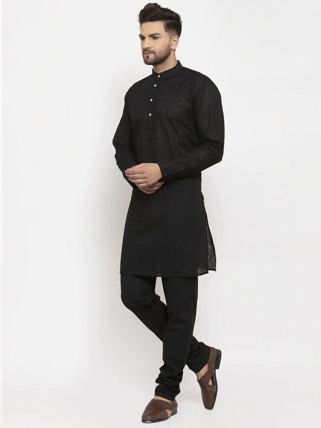 Men's Black Cotton Embroidered Kurta Set