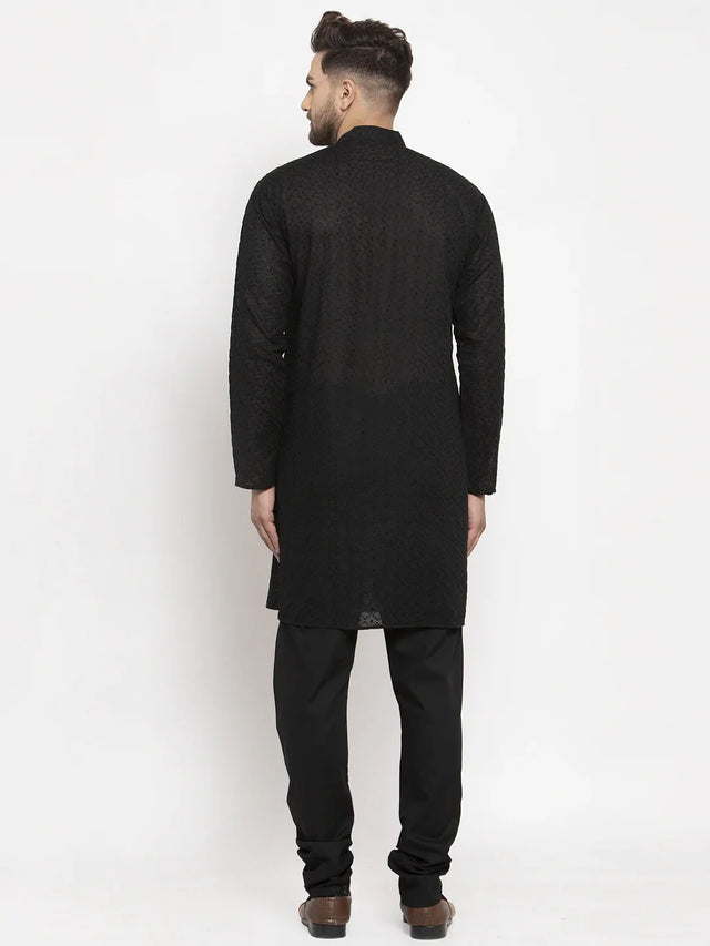 Men's Black Cotton Embroidered Kurta Set - XXL